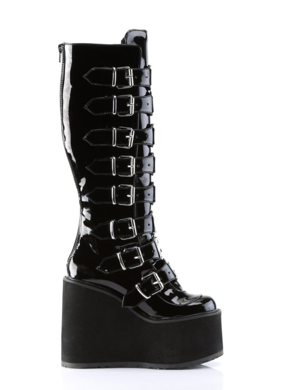 Black Pat Knee High Boots with 8 Buckle Straps
